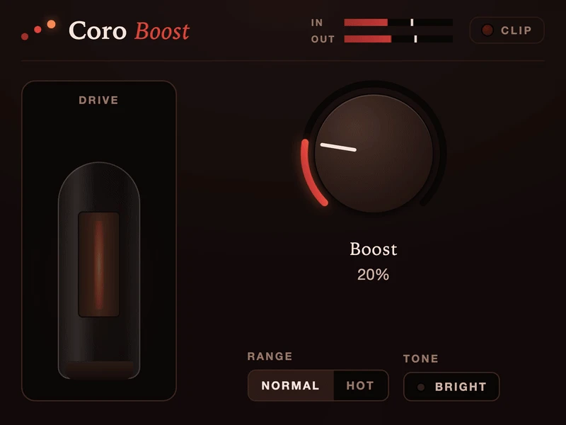 Coro Boost: the big Boost knob, the tube glow banked at 20%