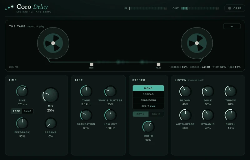 Coro Delay in its verdigris finish: two tape reels, echoes on the tape