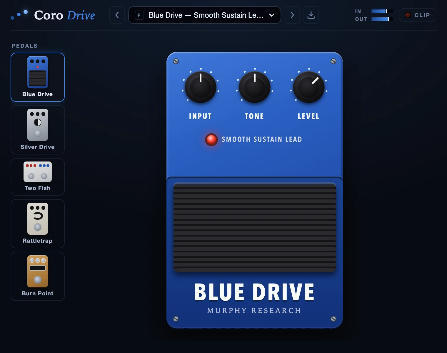 Coro Drive: Blue Drive loaded, with Silver Drive, Two Fish, Rattletrap and Burn Point on the pedal shelf